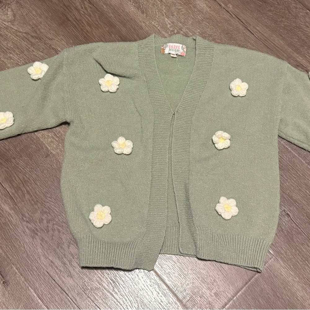 Pastel Sage Green Cardigan with Crochet Daisy Appliqués